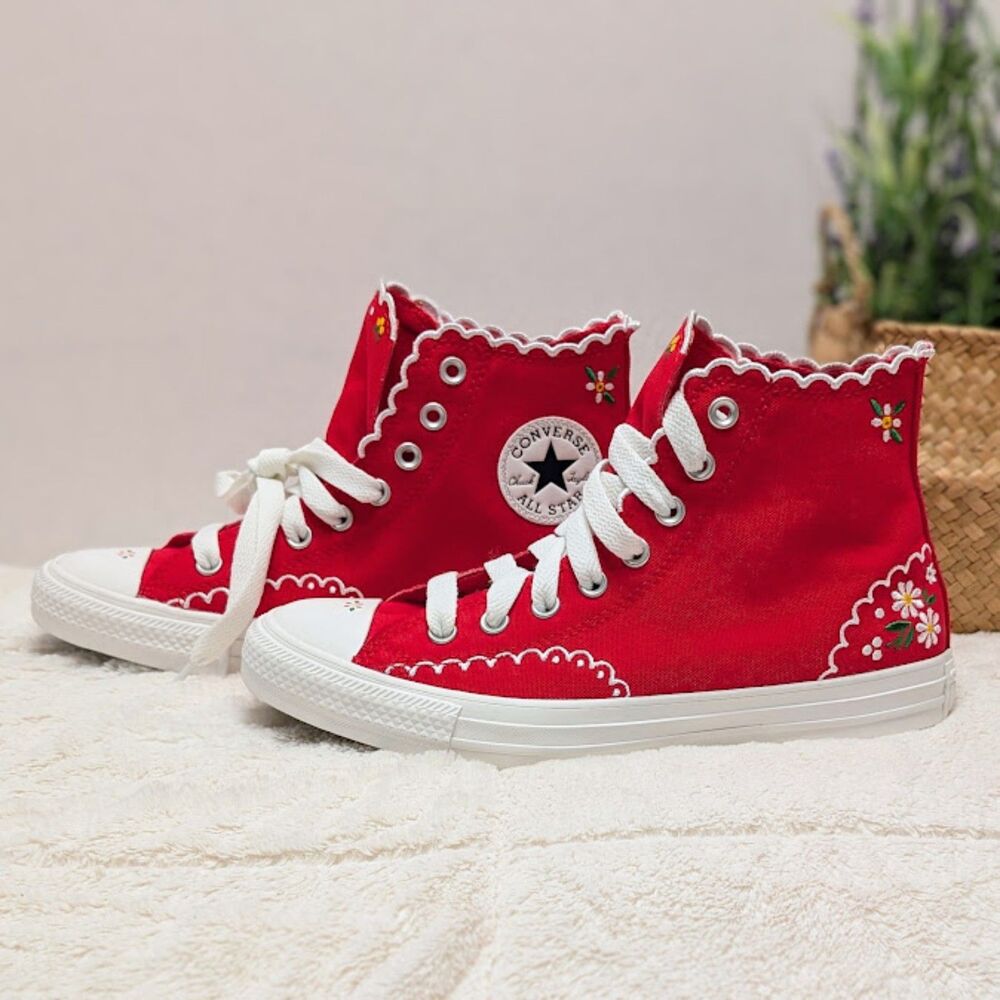 Converse CTAS Red & White Embroidered Flowers Hi Top Sneakers W9.5 M7.5 NIB